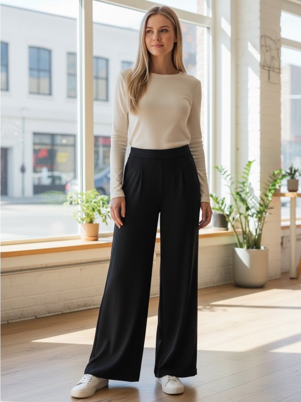 HALARA Black High Waisted Wide Leg Trousers Pants Pleated Elastic Back S